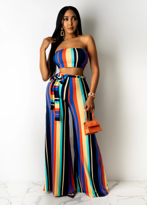 EVE Colorful Striped Tube Top Sashes Wide Leg Pant Sets SXF-3111