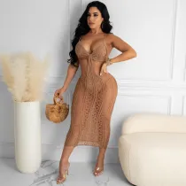 EVE Sexy Hollow Out Spaghetti Strap Midi Dress TR-1130
