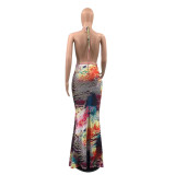 EVE Sexy Printed Backless Mermaid Maxi Dress QSF-5080