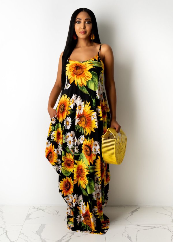 Sunflower Print Spaghetti Strap Maxi Dress TR-907-2