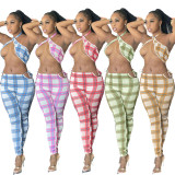 EVE Plus Size Sexy Plaid Print Backless Two Piece Pant Sets YIM-179