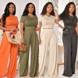 EVE Casual Solid Short Sleeve Wide Leg Pants Set YD-8381