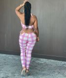 EVE Plus Size Sexy Plaid Print Backless Two Piece Pant Sets YIM-179