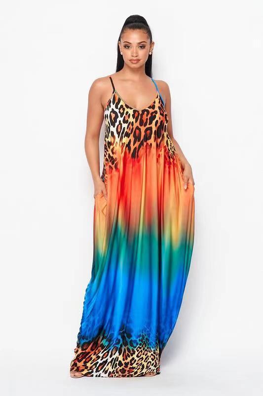 EVE Sexy Leopard Gradient Spaghetti Strap Maxi Dress MEM-8352