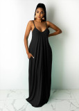 EVE Plus Size Solid Spaghetti Strap Pocket Loose Maxi Dress ARM-8267