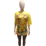 EVE Plus Size Round Neck Print Yellow Top T-shirt BLI-2298
