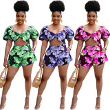 EVE Floral Printed Crop Top And Shorts 2 Piece Sets ANNF-6076
