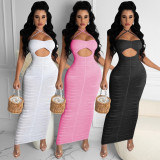 EVE Sexy Solid Color Hollow Ruched Long Dress QSF-5082