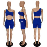 EVE Solid Color Fashion One-shoulder Vest Pocket Shorts Two Piece Sets NM-8358