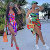 EVE Sexy Printed Bodysuit Swimsuit+Beach Skirt 2 Piece Sets CQF-S961