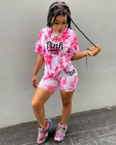 EVE Pink Letter Print Casual Two Piece Short Sets YNSF-1635