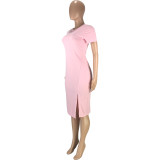 EVE Fashion Casual Solid Color Short Sleeve Slit Midi Dress MEI-9178
