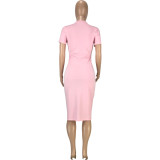 EVE Fashion Casual Solid Color Short Sleeve Slit Midi Dress MEI-9178