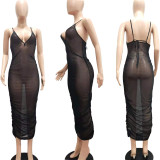 EVE Sexy Sling Mesh See-through Ruched Long Club Dress NYF-8060