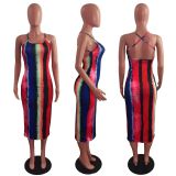 EVE Colorful Striped Backless Cross Strap Midi Dress LX-6895