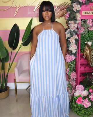 EVE Casual Striped Halter Loose Maxi Dress ZNF-9072