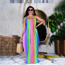 Rainbow Print Spaghetti Strap Loose Maxi Dress GHF-046