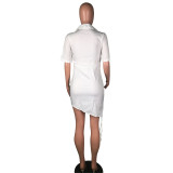 EVE White Casual Short Sleeve Shirt Dress MK-3056