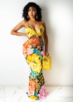 EVE Floral Print Sexy Spaghetti Strap Maxi Dress WY-6785