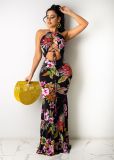 EVE Floral Print Lace Up Halter Hollow Maxi Dress WY-6791