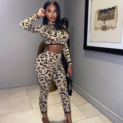 EVE Sexy Leopard Long Sleeve Crop Top And Pants Set YWF-1826