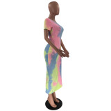 EVE Sexy Tie Dye Print High Split Maxi Dress YN-1093