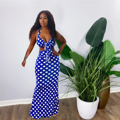 EVE Polka Dot Print Strap Crop Top Maxi Skirt 2 Piece Sets OMY-0025