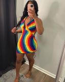 EVE Colorful Striped Halter Hollow Out Mini Dress OY-6289