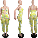 EVE Sexy Tie Dye Mesh Bodysuit+Ruffled Pants 2 Piece Sets MIL-219