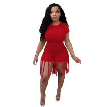EVE Fashion Plus Size Solid Color Short Sleeve And Tassel Shorts Two Piece Sets MTY-6529