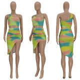 Sexy Printed One Shoulder Sleeveless Irregular Skirt Sets FENF-141