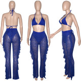 EVE Sexy Lace Hollow Bra Top+Ruffled Pants 2 Piece Sets SH-390114
