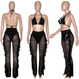 EVE Sexy Lace Hollow Bra Top+Ruffled Pants 2 Piece Sets SH-390114