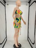 EVE Sexy Printed Strappy Backless Hollow Ruched Mini Dress NLAF-6070