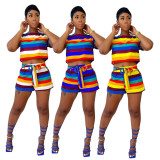 EVE Colorful Striped T Shirt+Sashes Shorts Two Piece Sets FOSF-8083