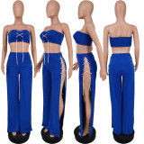 EVE Sexy Lace Up Tube Top High Split Pants 2 Piece Sets ANNF-6080