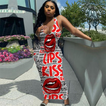 Fashion Sexy Sleeveless Lips Print Long Dress GHF-052