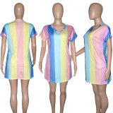 EVE Colorful Striped V Neck Short Sleeve Casual Dress SH-390132