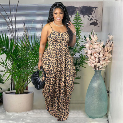 EVE Leopard Print Sleeveless Pocket Strap Maxi Dress SH-390125