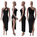 EVE Sexy Solid Color Oblique Shoulder Split Dress NIK-246