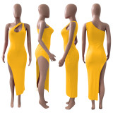 EVE Sexy Solid Color Oblique Shoulder Split Dress NIK-246