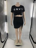 EVE Plus Size Letter Print Short Sleeve Mini Skirt 2 Piece Sets LP-6295