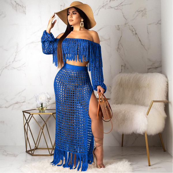 EVE Plus Size Grid Hollow Out Tassel Two Piece Sets SH-3554