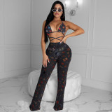 EVE Plus Size Sexy Printed Mesh See Through Ruffled Two Piece Sets SH-3592