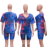 EVE Plus Size Tie Dye V Neck Two Piece Shorts Set Without Mask SH-3759