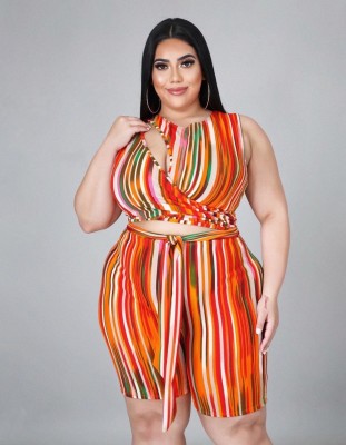 Plus Size Striped Sleeveless Hollow Romper NLF-8073