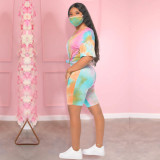 EVE Plus Size Tie Dye V Neck Two Piece Shorts Set Without Mask SH-3759