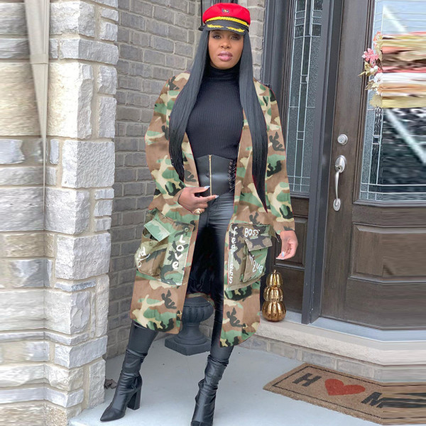 EVE Plus Size Camo Print Full Sleeve Long Coat SH-3726