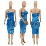 EVE Fashion Printed One-shoulder Blue Midi Dress WMEF-2067