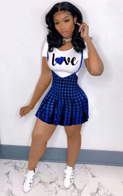 EVE Fashion Letter Print Short Sleeve And Sling Houndstooth Pleated Skirts 2 Piece Sets BLI-2287